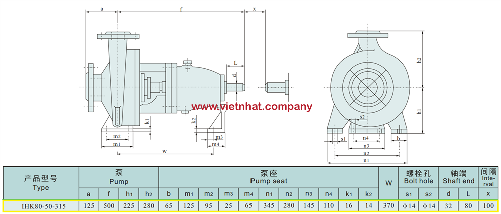 Bản vẽ kích thước của đầu bơm li tâm inox cánh hở ihk80-50-315 Bản vẽ kích thước của đầu bơm li tâm inox cánh hở ihk80-50-315