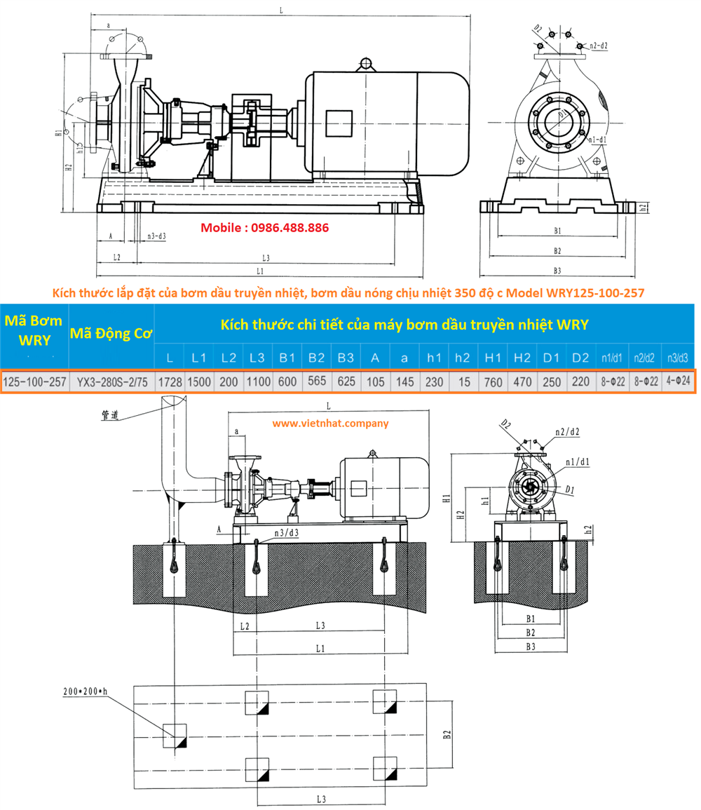 bản vẽ kích thước lắp đặt bơm dầu truyền nhiệt wry125-100-257